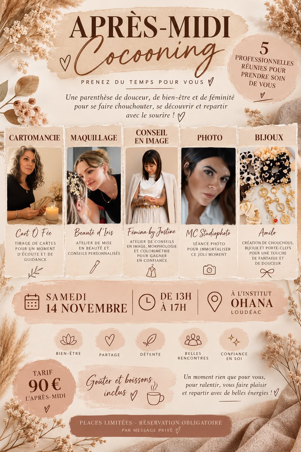 Affiche de l’après-midi cocooning du samedi 14 novembre 2026 à l’institut Ohana, à Loudéac, de 13 h à 17 h, avec cinq professionnelles. Tarif : 90 €, goûter et boissons inclus.